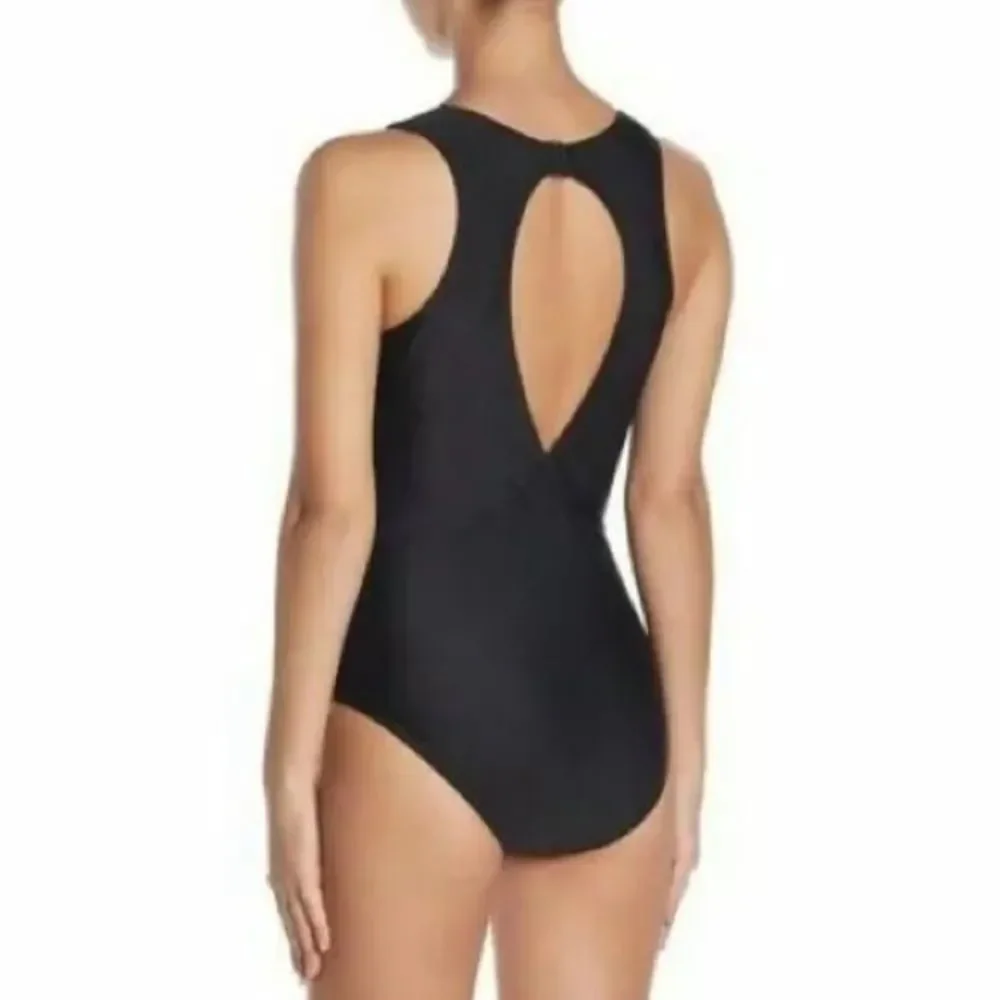 Nicole Miller Plunge Neckline Mesh Illusion Black One Piece Swimsuit Size 12